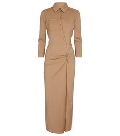 La Robe Jocou stretch-wool midi dress in beige - Jacquemus | Mytheresa Khakis Outfit, Camel Outfit, Jacquemus Dress, Fall Chic, Brown Outfit, Wool Shirt, Midi Shirt Dress, Formal Style, Knee Length Dresses