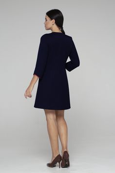 "A balzer dress featuring collared neckline, a-line silhouette, and a mini length. - asymmetrical collared v-neckline - a-silhouette - above the knee (mini) length - 3/4 sleeves - red edge - fully lined Color: dark blue Snap closure Main fabric: 45% viscose, 5% , 50% polyester Lining fabric: 95% viscose, 5% elastane For size S: dress length- 36 \" (93 cm) Our model wears size S (US 8) and is 171cm/5'6\" tall. You may feel free choosing the size. Just send us your measurements (bust, waist, hips, Blazer Dress Women, Blue Blazer Dress, Uniform Dress, Mini Blue, Dress With Sleeves, Dress Jacket, Line Dress, Star Shirt, Blazer Dress