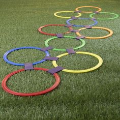 a row of colorful rings sitting on top of a lush green field