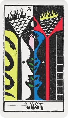 an image of a tarot playing card with flames on the sides and two men holding tennis racquets