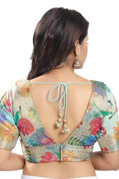 Buy Women's Pastel Blue Brocade Printed Readymade Saree Blouse Online - KARMAPLACE — Karmaplace Princess Cut Blouse Design Style, Blouse Designs For Floral Sarees, Open Neck Blouse Design, Multicolor V-neck Blouse With Printed Motifs, Normal Blouse Designs Latest Simple, Designer Wear Blouse With Printed Motifs For Navratri, Navratri Designer Blouse With Printed Motifs, Designer Wear Blouse With Printed Motifs, Traditional V-neck Blouse With Printed Motifs