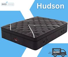 an image of a mattress with the words hudson written on it and a truck in the background