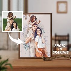 a photo frame with an image of two children and the words photo to drawing on it