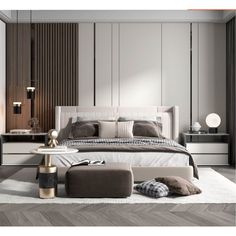 a modern bedroom with white and grey decor