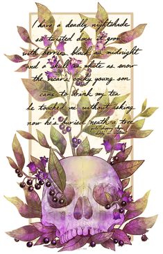 a skull sitting on top of a purple flower next to a leafy branch with leaves