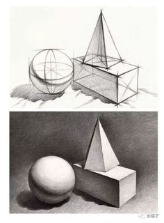 two drawings of different shapes, one with a ball and the other with a sphere