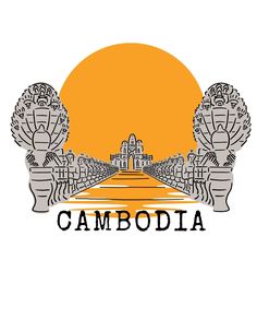 the logo for cambodia is shown in front of an orange sun and trees