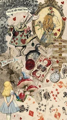 an altered collage with alice and the wonderland tea party