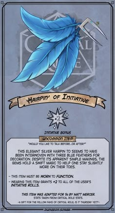 the back side of a card with an image of a blue feather and two swords on it