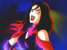 an animated image of a woman with long black hair and red dress holding a purple ball