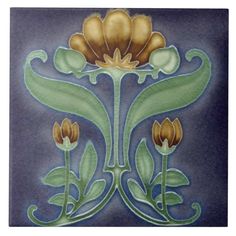 an artistic tile design with flowers and leaves on blue ground, hand painted in watercolor