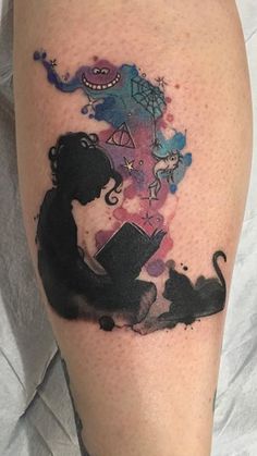 watercolor reading tattoo: Dr Seus, Alice in Wonderland, Charlotte's Webb, Harry Potter, and cat Reading Tattoo, Tattoo Diy, M Tattoos, Kunst Tattoos, Cat Tattoos, Harry Potter Tattoos, Disney Tattoo, Tiny Tattoo