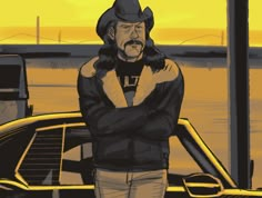 a drawing of a man standing in front of a yellow car with his arms crossed