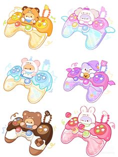 four cartoon style video game controllers with teddy bears on the top and bottom, one holding a