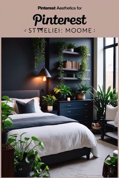 a bedroom with black walls and white bedding, potted plants on the wall