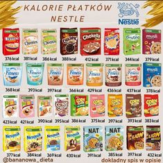 an advertisement for some kind of cereal that is advertised in different languages and sizes, with prices