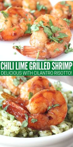 grilled shrimp with cilantro and risotto on top in a white bowl