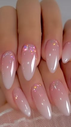 Nail Design For Oval Nails, Glitter Nail Bed, Ombre Tip Nails Almond, Natural Sparkly Acrylic Nails, Simple Chic Nails Classy Almond, Almond Color Tip Nails, French Fade Nails Almond Glitter, Opal Chrome French Tip Nails, Special Occasion Nails Almond