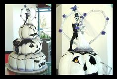 a wedding cake made to look like skeletons and pumpkins