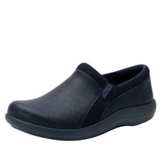 This sleek slip-on vegan casual shoe combines comfort and flexibility with elastic side gores and a padded collar. The casual vibe continues with a lightweight slip-resistant sport rocker outsole and removable cushioned footbed. | Alegria by PG Lite Women's Duette Flourish Black Clogs, Navy Blue, 6M US / 37 EU Black Clogs, Casual Shoe, Comfortable Shoes, Rocker, Clogs, Vegan Leather, Casual Shoes, Navy Blue, Slip On