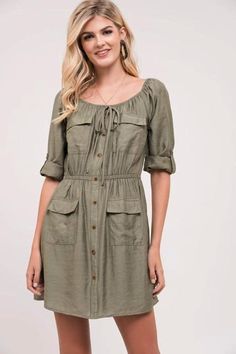 Blu Pepper American Doll Pockets Shirt Dress - Olive Classy Garden Party, Linen Clothes For Women Classy, Blouse Casual Fashion, Frock Fashion, Dress Shirt Sleeves, Comfy Dresses, Wardrobe Design, Pocket Shirt, Spring Summer Dress