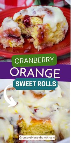 cranberry orange sweet rolls on a red plate with the title text overlay