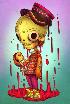 a drawing of a skeleton wearing a top hat and holding a baby in his arms