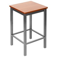 a wooden stool with metal legs on a white background