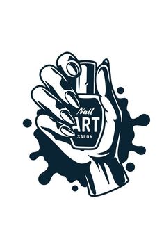 a black and white drawing of a hand holding a perfume bottle with the words just art salon on it