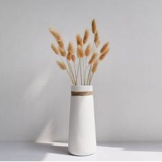 a white vase filled with dry grass on top of a table next to a wall