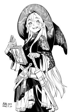 a black and white drawing of a woman in a witch costume holding a framed photo