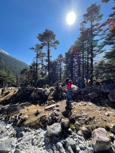 a woman standing on top of a rocky hillside next to pine trees and rocks with the sun shining in the background