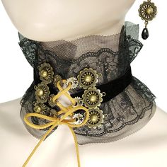 Effortlessly achieve your steampunk look with this jewelry set! Steampunk jewelry for women Pendant size: 2.5cm Material: lace Included: choker and a pair of earrings Arcane Jewelry, Steampunk Choker, Sleepy Hallow, Ruff Collar, Steampunk Earrings, Steampunk Wedding, Steampunk Diy, Steampunk Accessories, Women Pendant