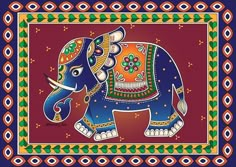 an elephant is painted on a red and blue background with green, orange, and yellow accents