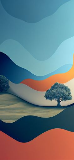 an abstract painting with two trees in the foreground and a blue sky behind it