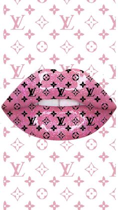 a pink and black lipstick with louis vuitton pattern on the back ground, in front of a white background