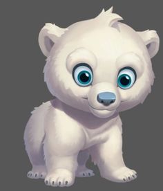 a white polar bear with blue eyes on a gray background, looking at the camera