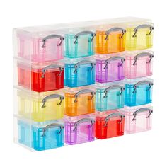 multicolored plastic storage bins with handles and clips on each side, set of 12