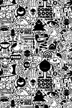 a black and white pattern with many different things