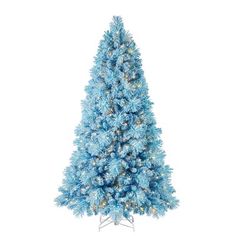 a blue christmas tree with white lights on it's top and bottom branches, against a white background