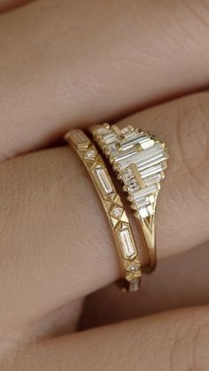 If I was into yellow gold, and was choosing rings again, I'd love this Fancy Wedding Bands For Women, Stacked Vintage Rings, Art Deco Diamond Band, Art Deco Band Ring, Gold Service Jewelry, Art Deco Gemstone Ring, Art Deco Wedding Bands, Art Deco Baguette Ring, Wedding Dress Art Deco