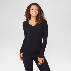 Warm Essentials by Cuddl Duds Women's Textured Fleece Thermal V-Neck Top - Black M Layered Fits, Womens Thermal, Cuddl Duds, Thermal Top, Thermal Long Sleeve, Knitting Women Sweater, Turtle Neck Top, V Neck Tops, Deep V