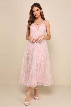 Blissfully Lovely Blush Pink Floral Mesh Pleated Midi Dress Teen Wedding Guest Dress, Light Pink Summer Dress, Blush Pink Midi Dress, Organza Dresses, Chinese Fancy Dress, Frocks And Gowns, Casual Wedding Guest Dresses, Sheer Lace Dress, Floral Bridesmaid Dresses