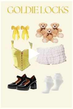 there is a teddy bear and other items on this page with the words goldilocks