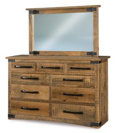 a wooden dresser with a mirror on top and drawers below it, in front of a white background