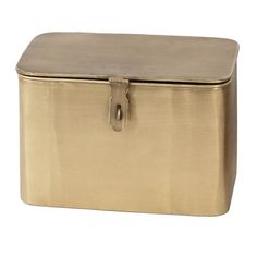 a gold metal box with a lock on the front and bottom, isolated against a white background