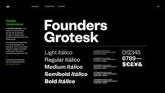 some type of font and numbers on a black background with the words founder's grotesk