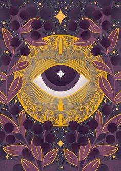 an eye surrounded by plants and stars on a purple background with gold dots in the center