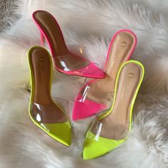 Bran New Never Used Pretty Comfortable Perfect To Make Any Outfit Pop! Trendy Yellow High Heels, Trendy Yellow Pointed Toe Heels, Chic Neon Yellow Pointed Toe Heels, Trendy Yellow Heels For Party, Chic Neon Yellow Heels, Yellow Slides, Neon Yellow, Neon Pink, Pink Yellow