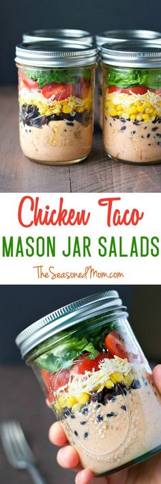 chicken taco mason jar salads with the title above it